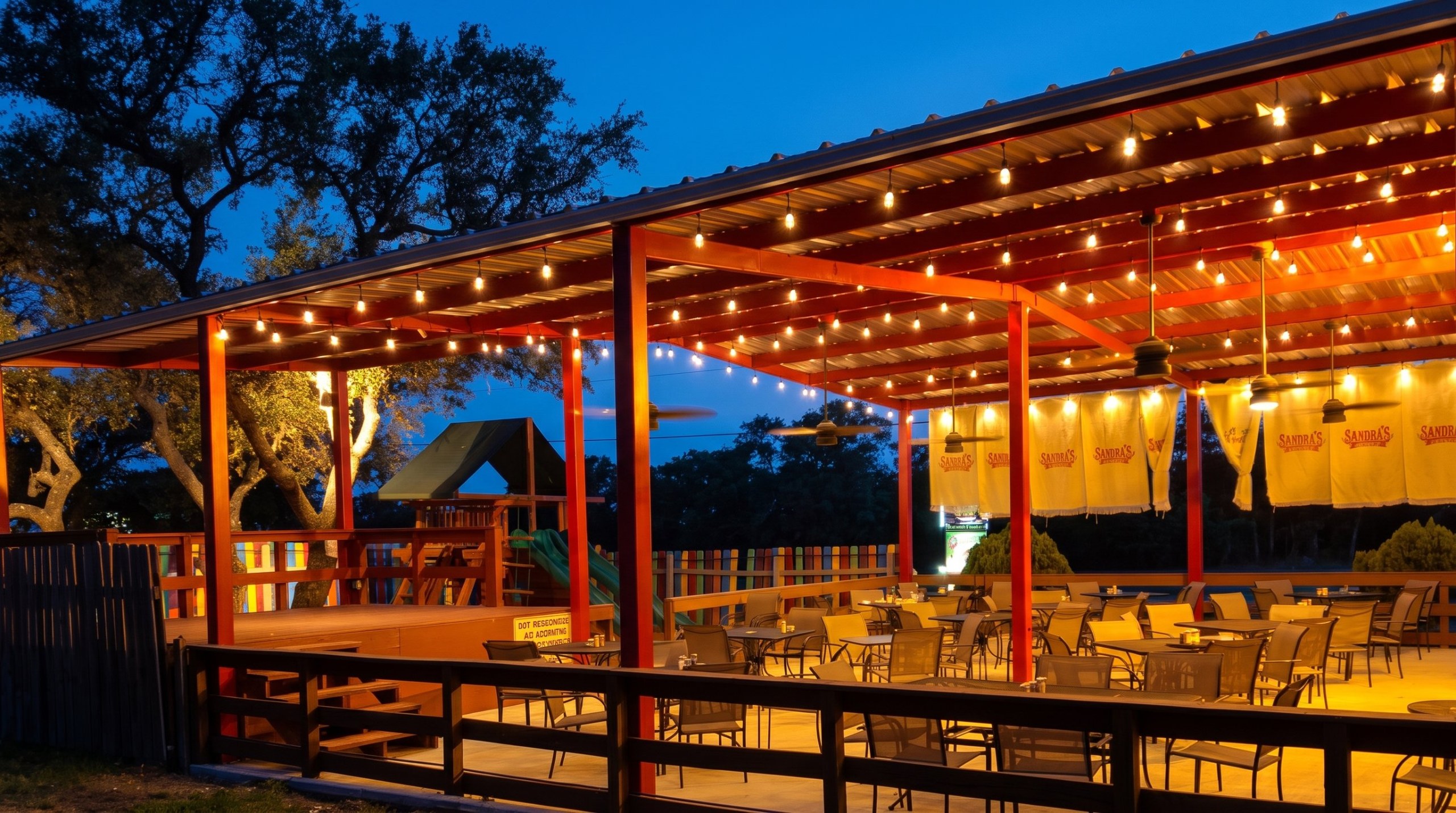Steel patio cover with string lights at Sandra's Cantina in Spring Branch, Texas