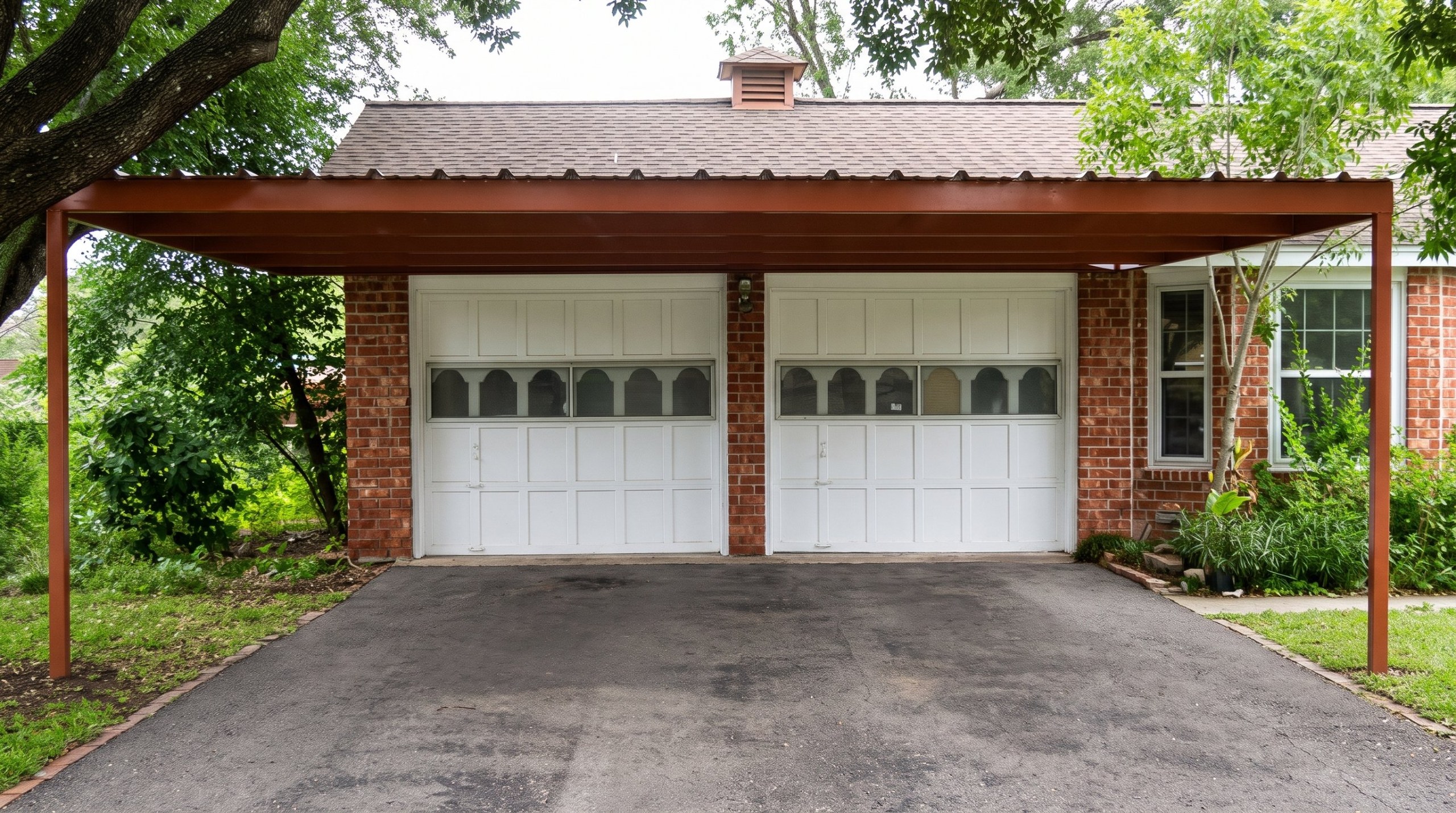 Attached steel carport over a two-car garage in San Antonio, Texas