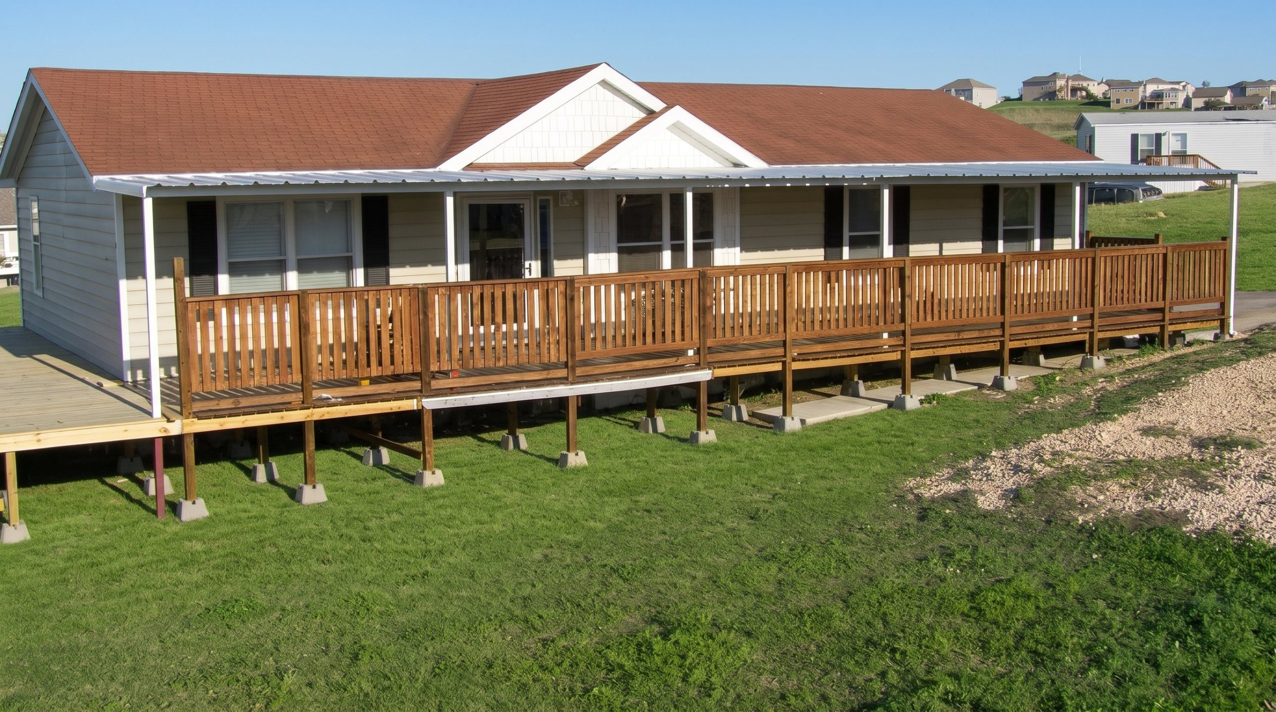 Steel awning and porch cover over a deck on a house in San Antonio, Texas