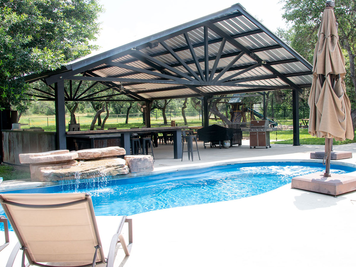 Large outdoor steel pavilion built in Helotes, Texas