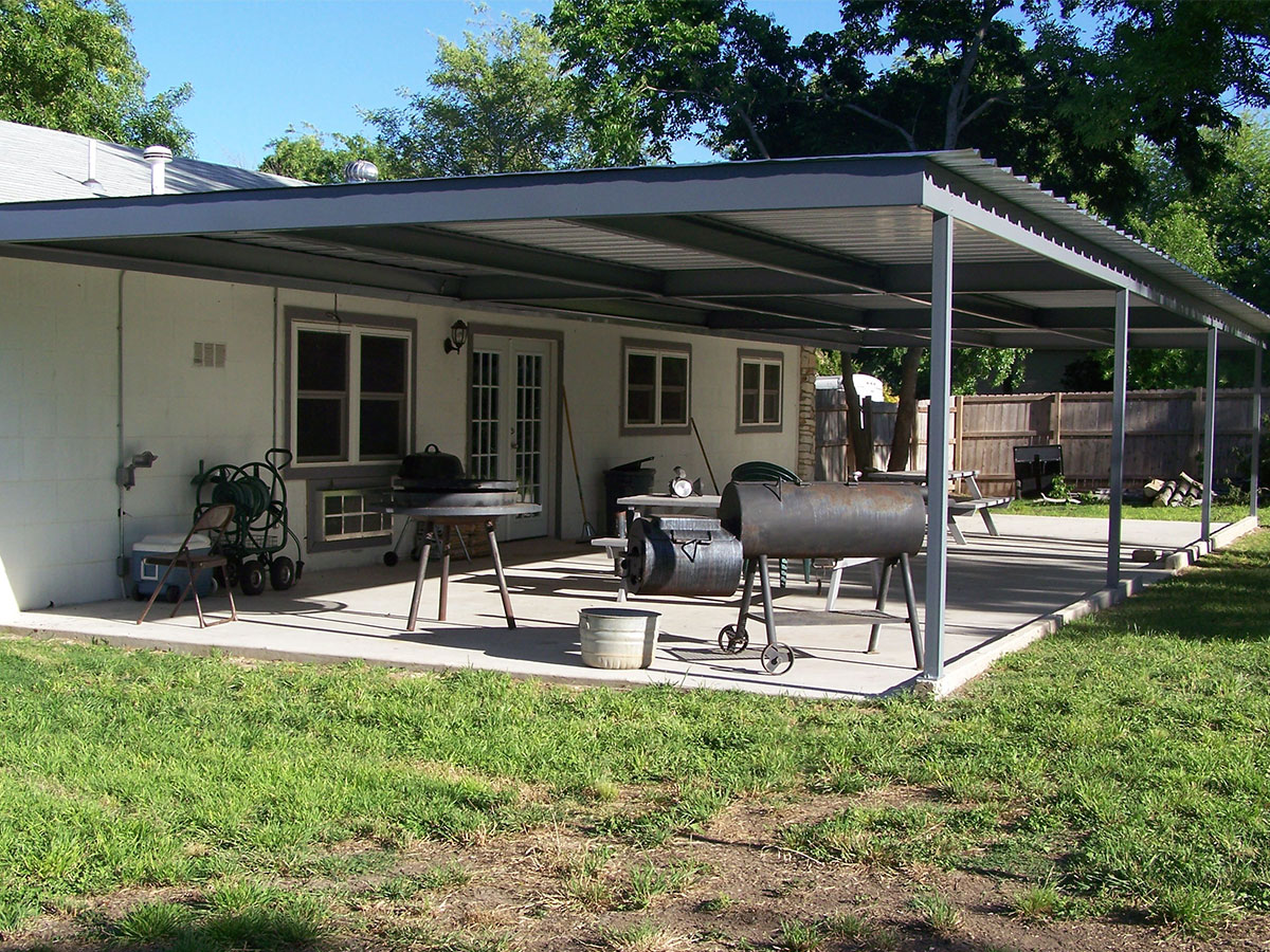 Steel patio cover attached to a house in San Antonio, Texas
