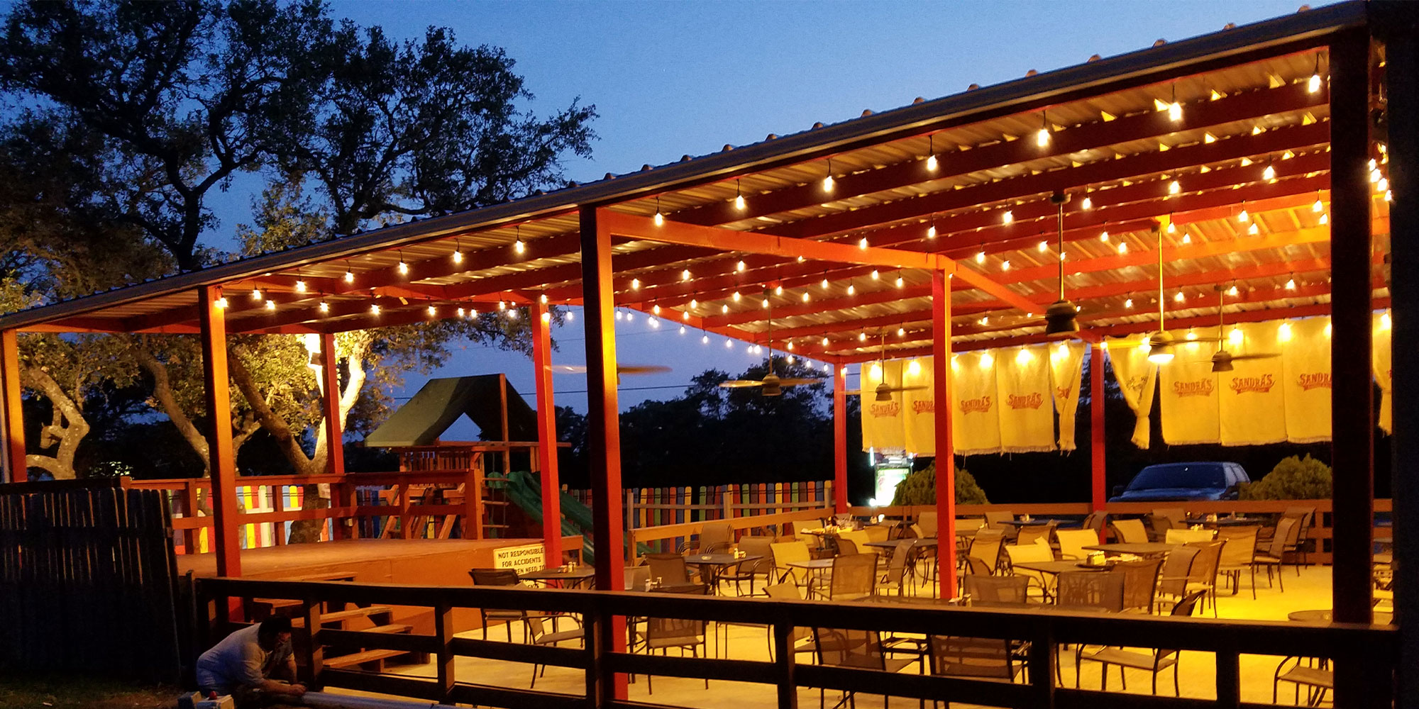 Steel cantina and bar patio cover built in New Braunfels, Texas